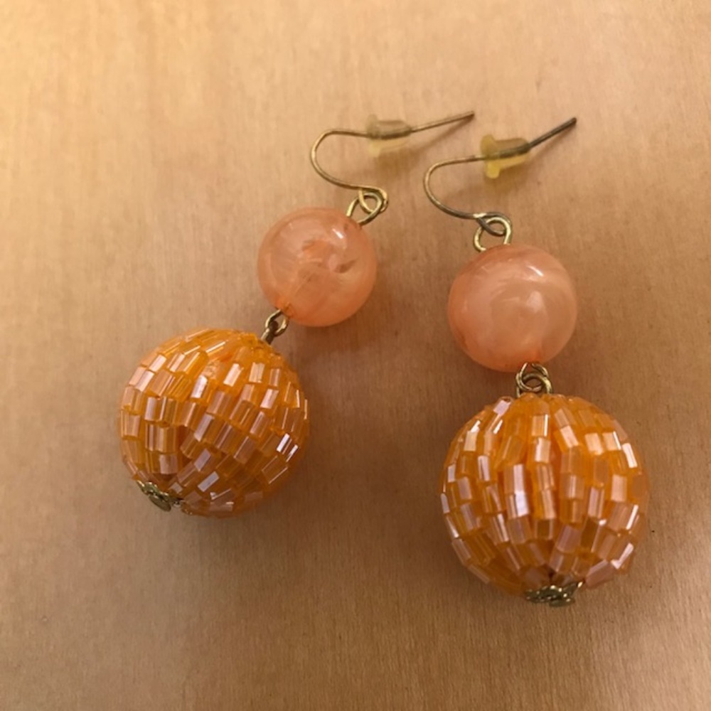 Handmade Orange Ball Earrings Dangle Hooks VTG